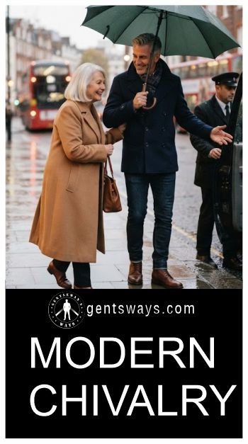 A man helping an elderly woman get into the car to depict modern chivalry