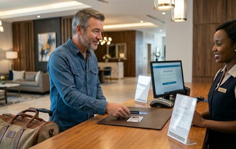 A gentleman on travel checking into a hotel