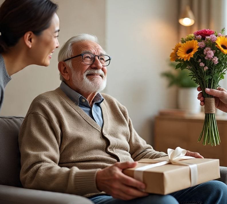 An older man receiving a gift