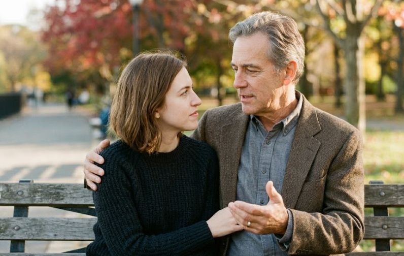 An older man displaying emotional maturity with a younger woman