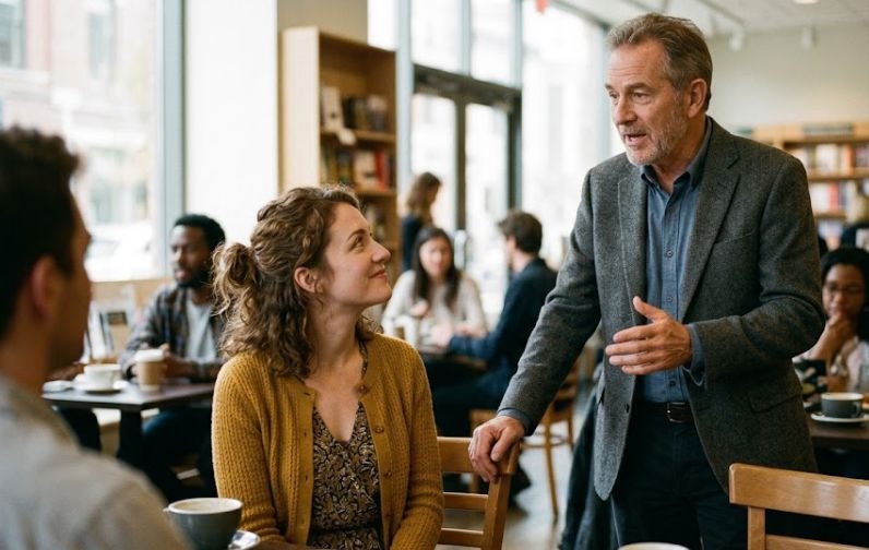 A younger woman admiring an older man who has confidence