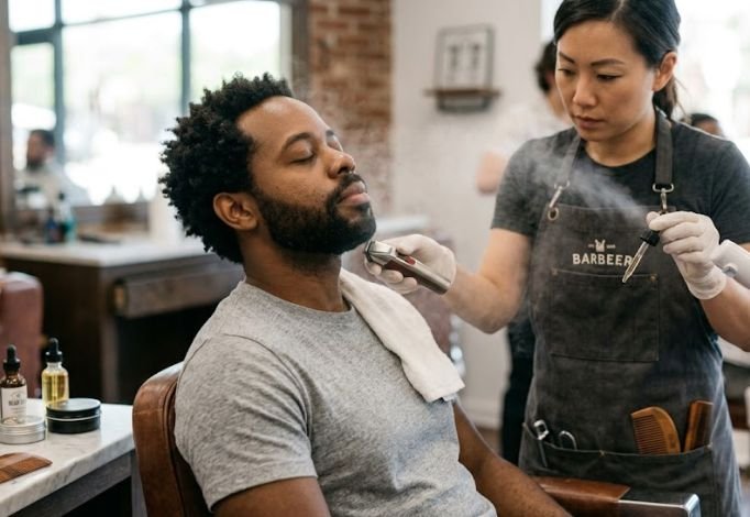 A man receiving beard care 