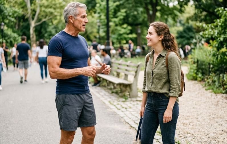 A young lady of 24 admiring a fit 60s man