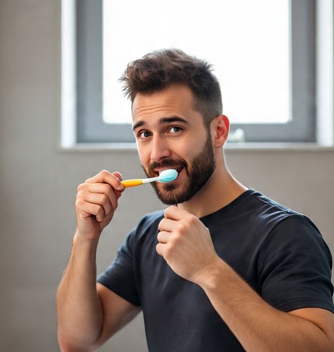 A man observing grooming by brushing his teeth