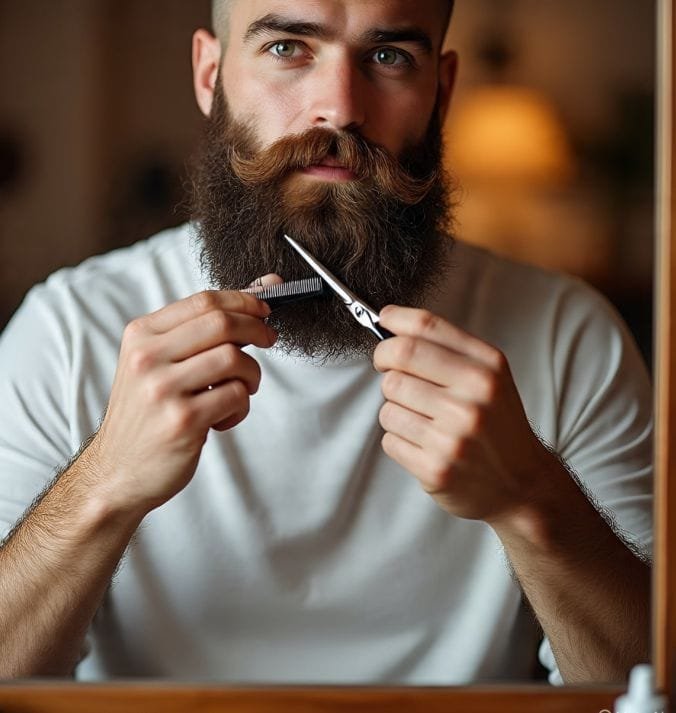 A man attending to his beard