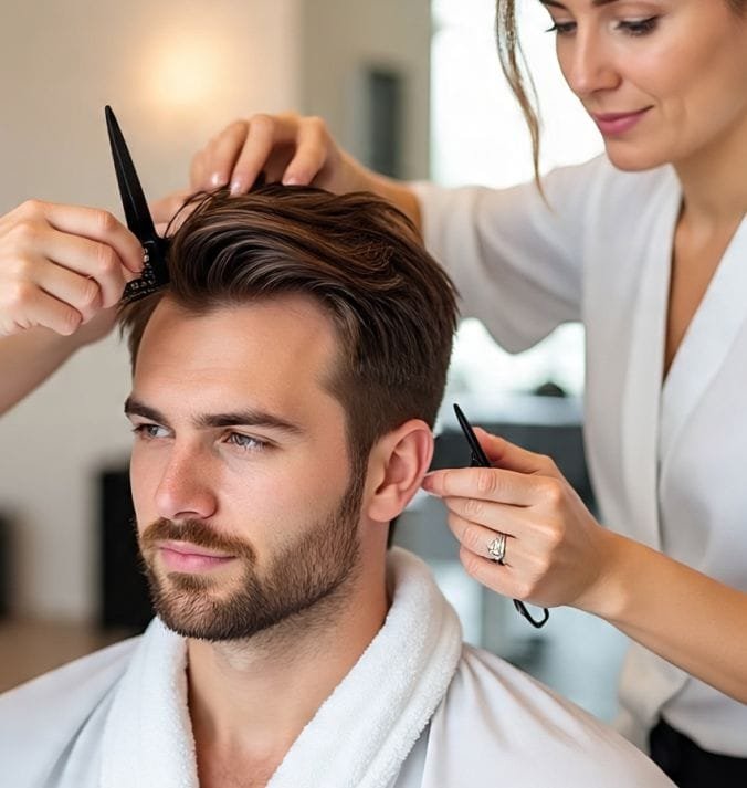 A man in a salon grooming his hair and scalp