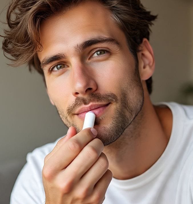 A man applying lip balm
