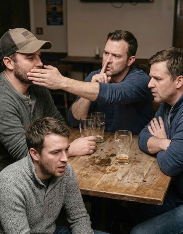 A man suppressing the voice of another while others look away, depicting toxic masculinity