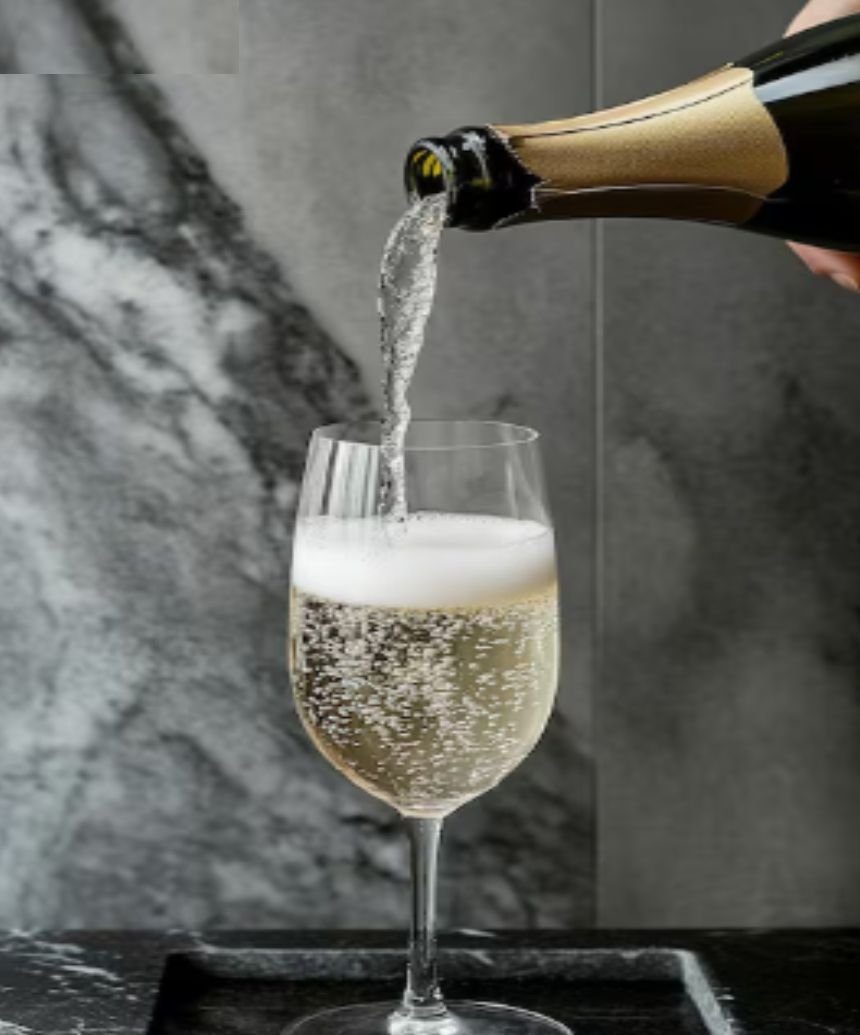 A glass of sparkling wine with many fizzy bubbles