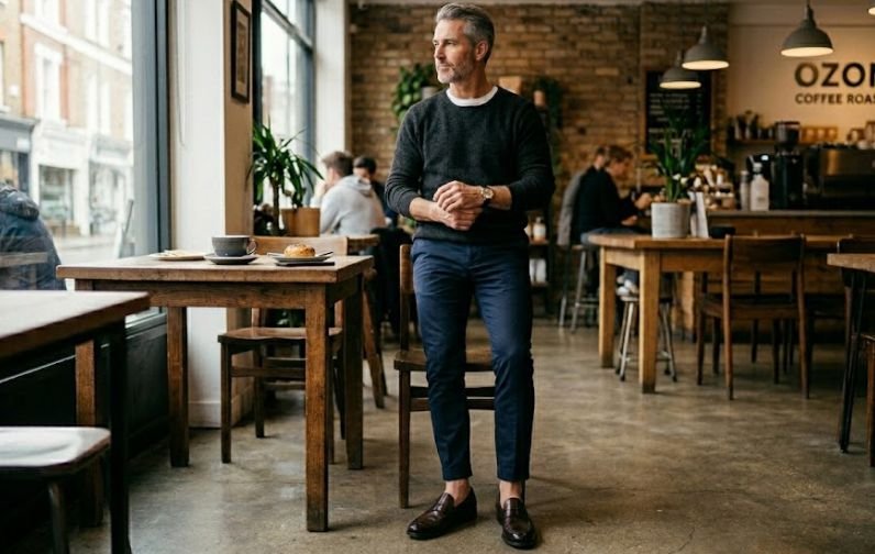 An older man in a brwon loafers