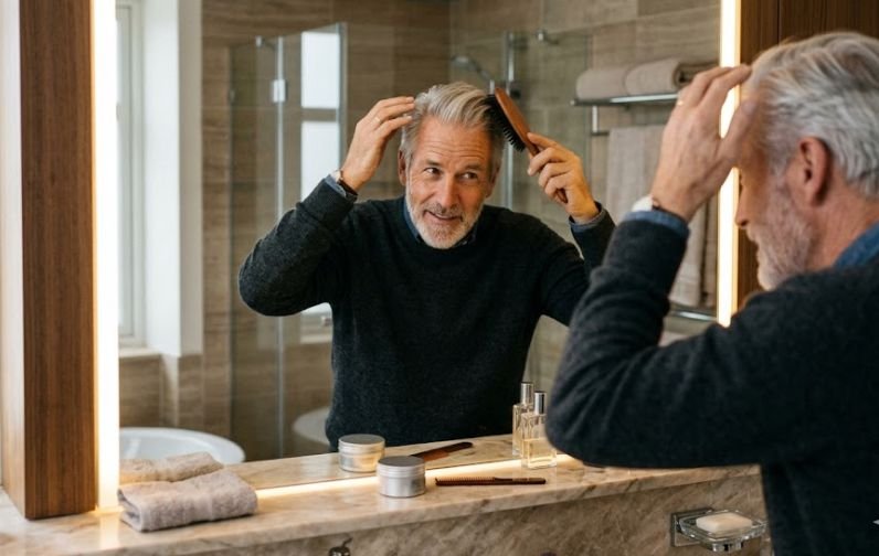 A man in his 60s attending to his hair in the men's grooming fashion