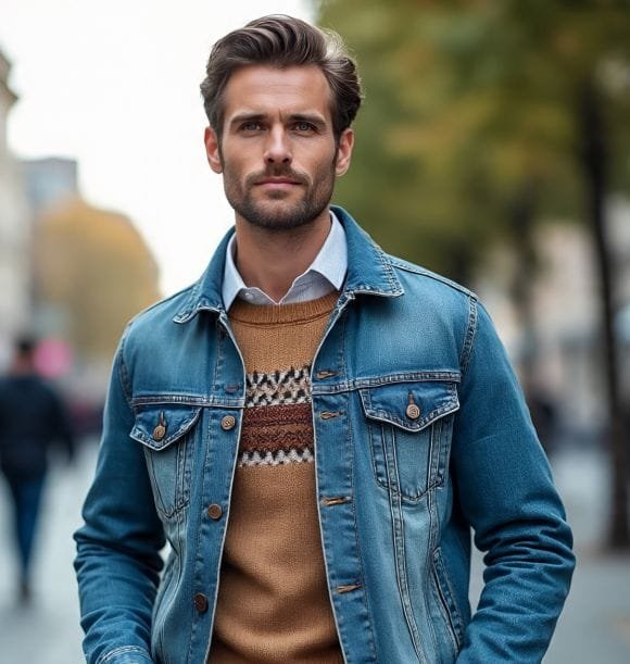A man wearing Denim Jacket with Sweater and Dress Shirt
