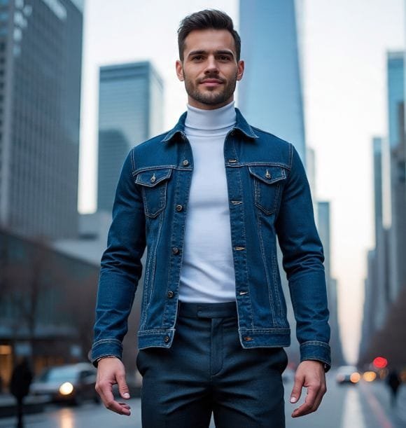 A man wearing Denim Jacket with Turtleneck 