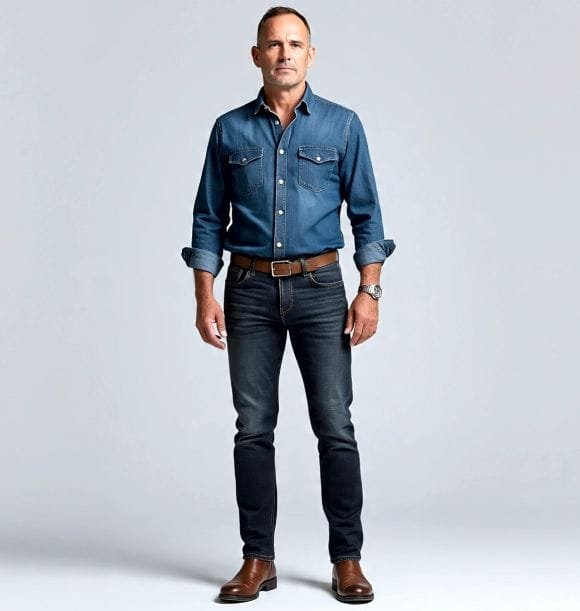 A man in dress shoe and denim 