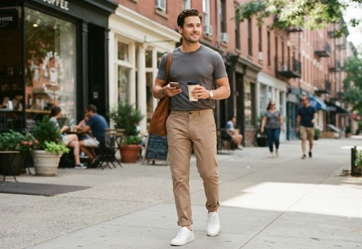 A man wearing chinos with crewneck t-shit for casual weekend
