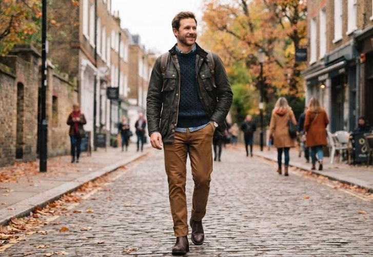 A man wearing chinos with knitwear and jacket 