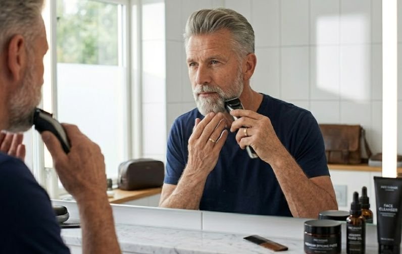 A senior man using beard grooming to stay youthful