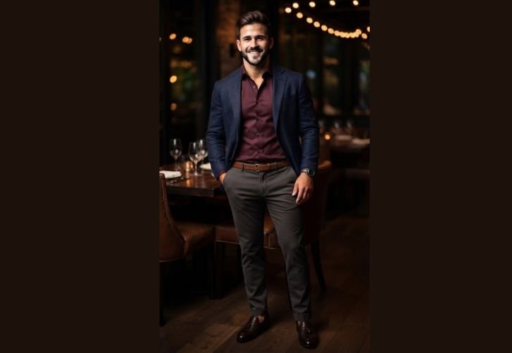 A man wearing charcoal chinos for date night