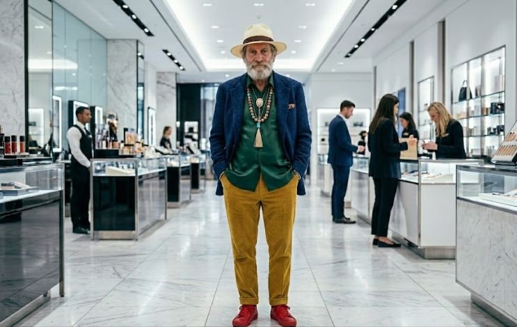 Older man mismatching outfit colours