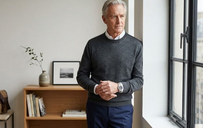 An older man in a capsule wardrobe attire