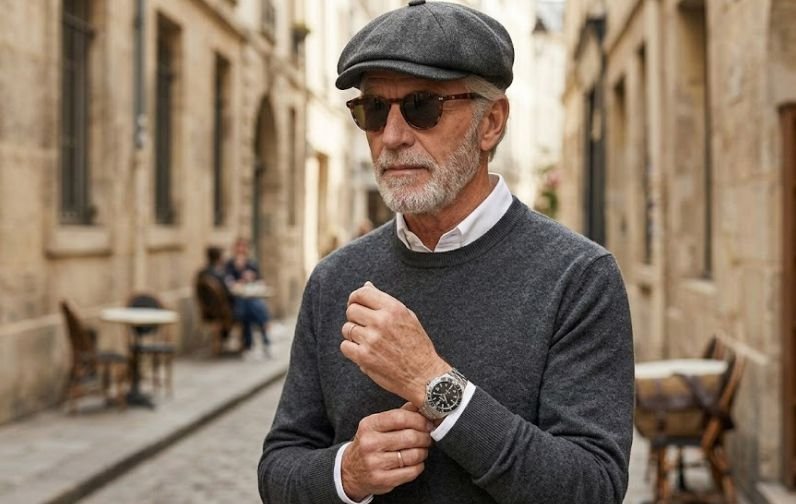 A stylish older man in outfit accessories like sunglasses, cap and wristwatch