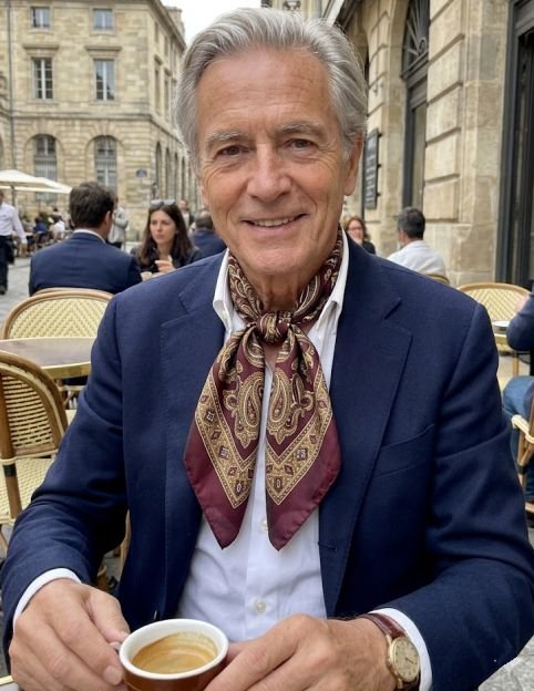 A 60s man using scarf to stay youthful