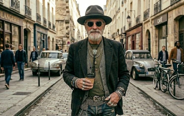 A 70s man in over-accessorized outfit