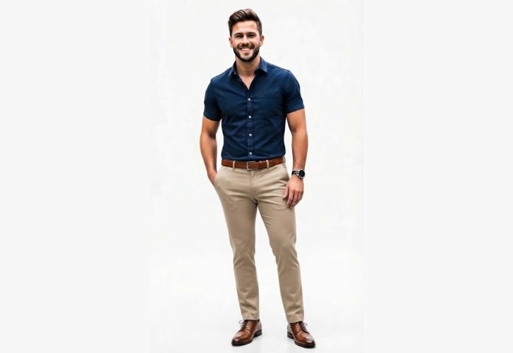 A man in a smart casual outfit of chinos and shirt