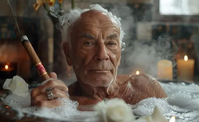 An older man in cold bath therapy