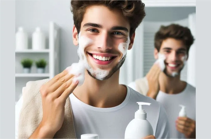 A man having double cleansing skincare