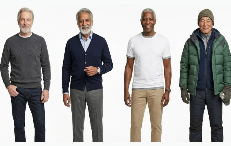 Four older men in different layering outfits