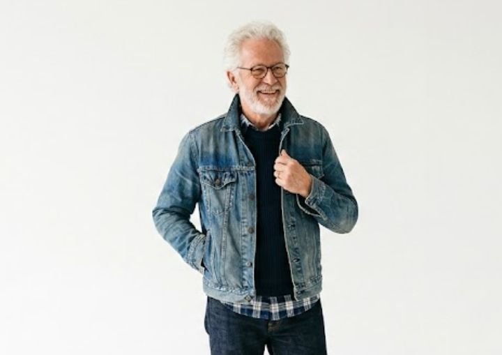 An older man in a denim jacket