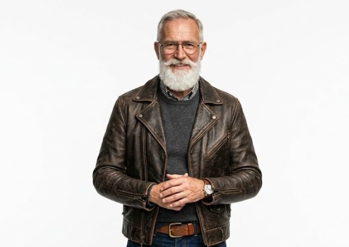 An older man in a brown jacket