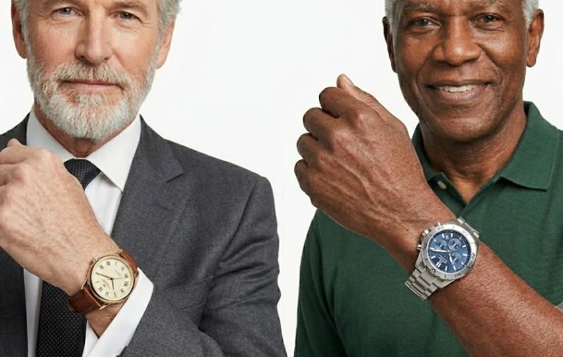 Two older men shows off their metal strap and leather strap watches