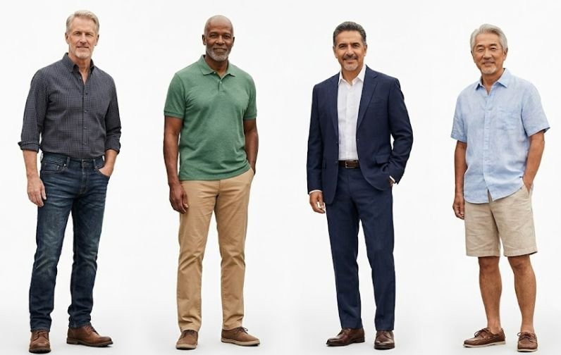 Four older men in jeans trousers, chinos trousers, tailored trousers and shorts