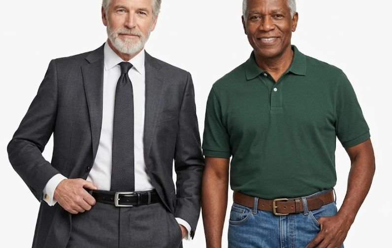 Two older men wearing formal and casual belts