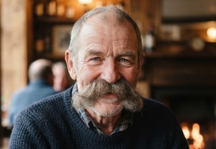 A man wearing the typical walrus mustache