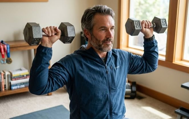 Hobbies for Men Over 40 - A 40s man doing home workout