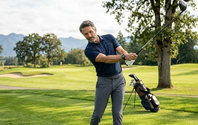 A middle aged man playing golf