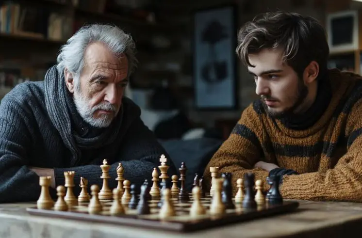 An older man playing chess with a 50s man for hobby