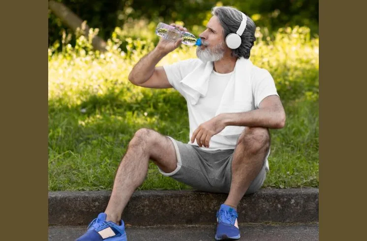 A man over 50 hydrating while working out