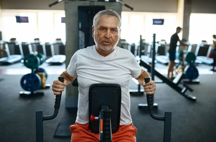 Older man doing the pulling exercise to build strength and resistance