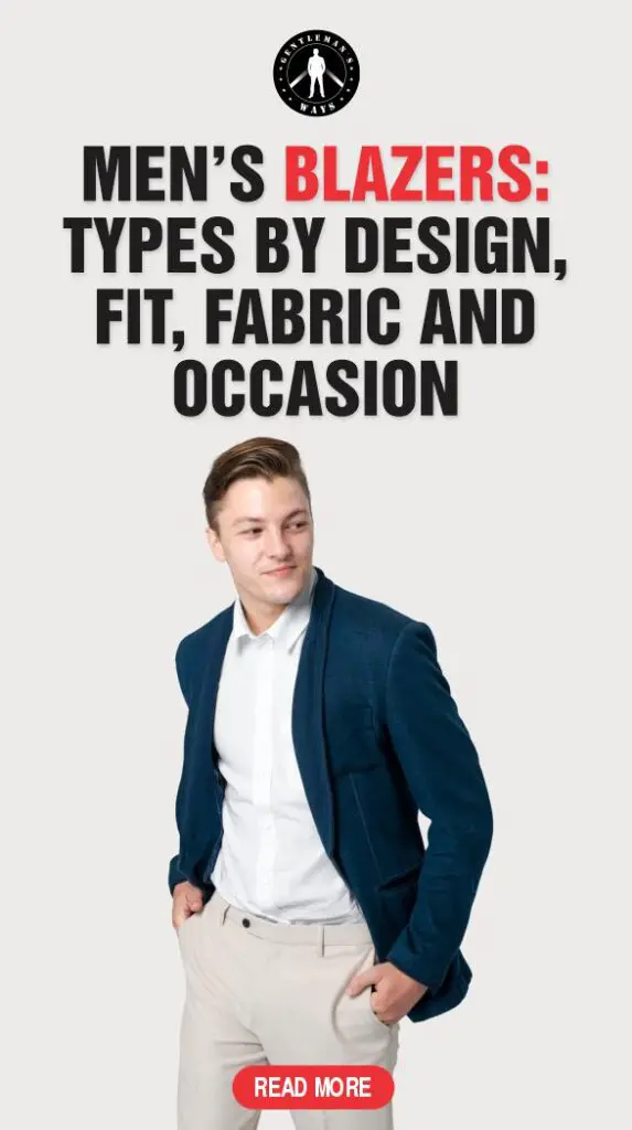 A man wearing men's blazer jacket with grey trousers