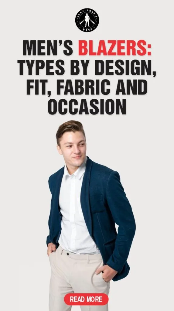 A man wearing men's blazer jacket with grey trousers
