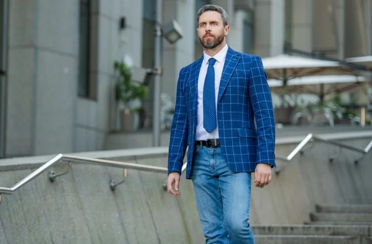 A man wearing men's blazer with jeans
