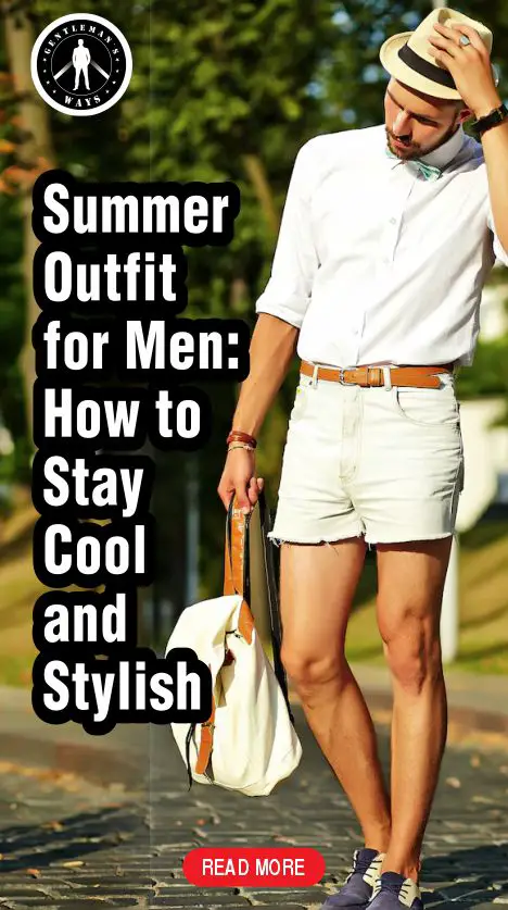 A man wearing white linen shirt and denim shorts with leather bags for summer