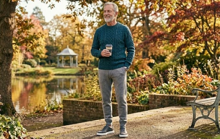 Knitwear-joggers combo by an older man
