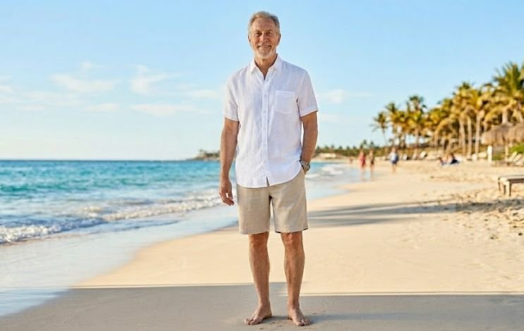 A 60s man in linen shirt and shorts combo