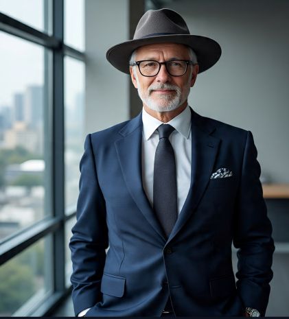 An older man in corporate attire with accessories