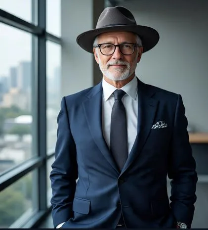 An older man in corporate attire with accessories